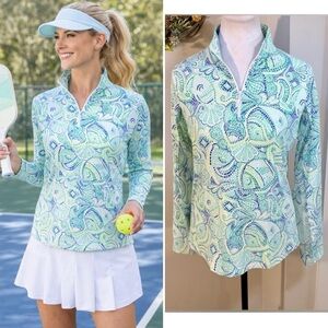 IBKUL Mariel Mosaic Print IceFil Cooling 1/4 Zip Shirt UPF 50+ Turquoise Sz S🧡